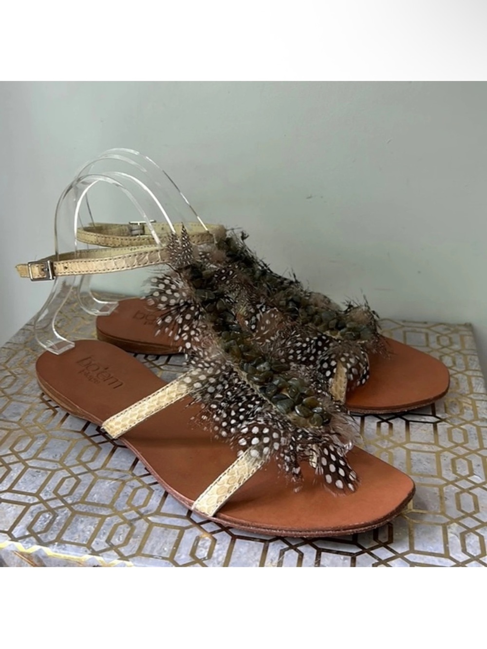 Bo’em Plage Women's Feather-Embellished Gold T-Strap Sandals (24)